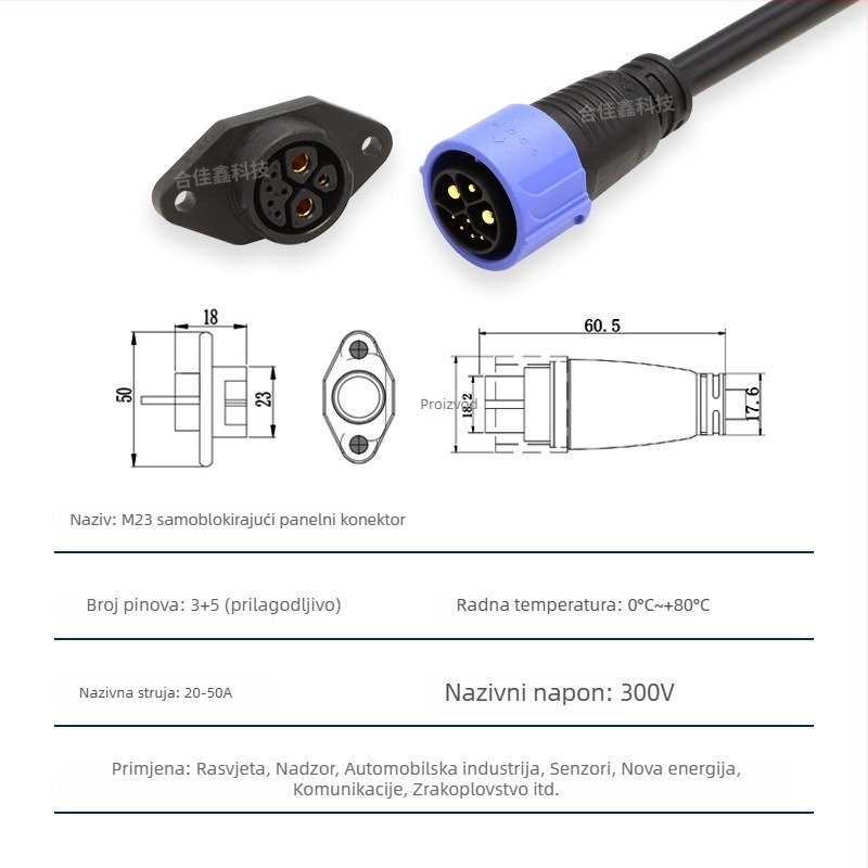 Vodootporan napojni konektor za punjenje litijskih baterija električnih vozila nove energije i dijeljenih bicikala, muški i ženski konektori, 3+5P