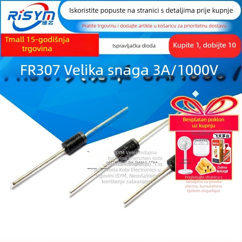 Risym FR307 Dioda za brzo vraćanje, visokoučinkovita, 3A/1000V, 10 komada