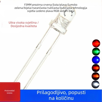 3mm višebojna LED perlica, F3, kroz rupu, boje: bijela, crvena, plava, žuta, zelena, narančasta, smaragdno zelena