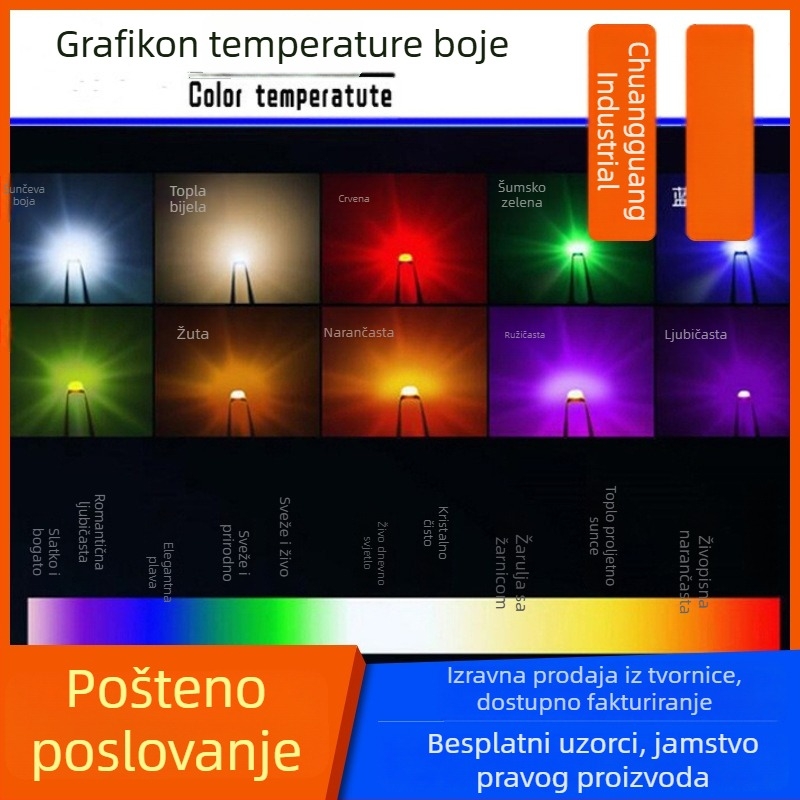 3mm višebojna LED perlica, F3, kroz rupu, boje: bijela, crvena, plava, žuta, zelena, narančasta, smaragdno zelena