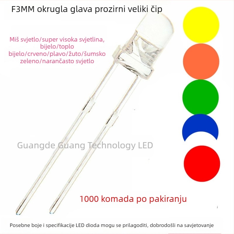 3mm višebojna LED perlica, F3, kroz rupu, boje: bijela, crvena, plava, žuta, zelena, narančasta, smaragdno zelena