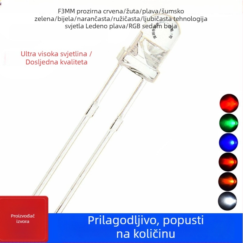 3mm višebojna LED perlica, F3, kroz rupu, boje: bijela, crvena, plava, žuta, zelena, narančasta, smaragdno zelena
