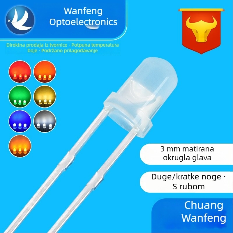 F3 difuzne LED perle, 3 mm okrugla glava, ravni utikač, crvena, žuta, plava, zelena i bijela, visoka svjetlina