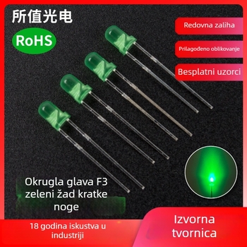 F3 LED zrno s okruglom glavom, zelena, 3 mm, indikacijska LED s bočnim kratkim kontaktima
