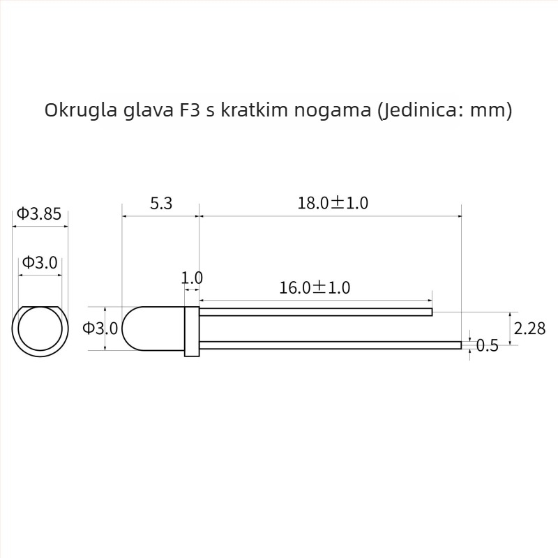 F3 LED zrno s okruglom glavom, zelena, 3 mm, indikacijska LED s bočnim kratkim kontaktima