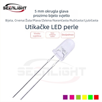 5mm LED perle F5, bijela svjetlost; boje: bijela, crvena, žuta, plava, zelena, narančasta, ružičasta, ljubičasta; kroz rupu montirani LED
