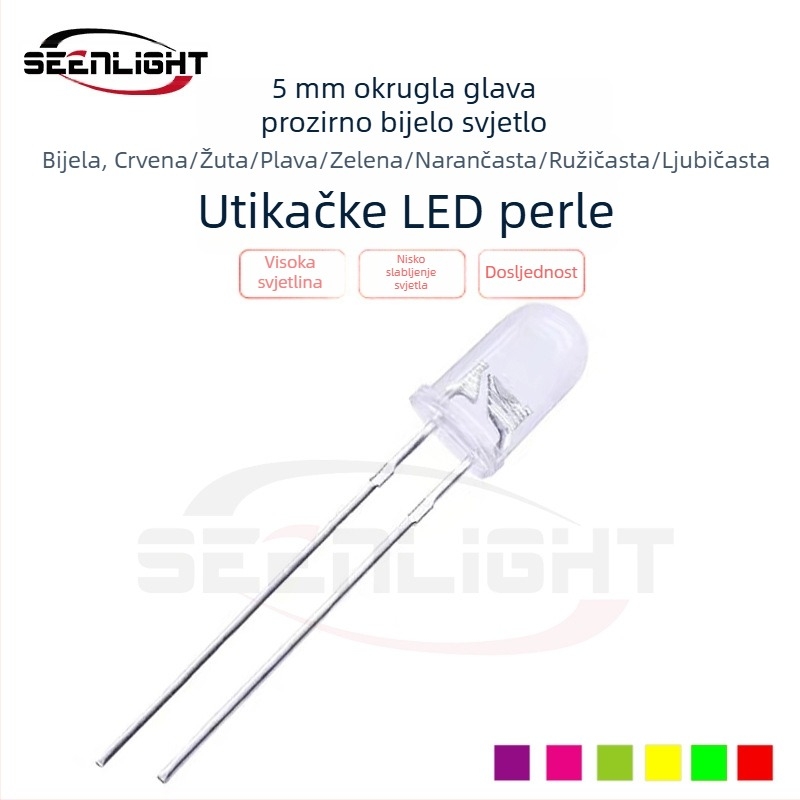 5mm LED perle F5, bijela svjetlost; boje: bijela, crvena, žuta, plava, zelena, narančasta, ružičasta, ljubičasta; kroz rupu montirani LED