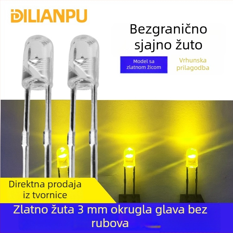 F3 LED perla bez ruba, 3 mm – zlatno-žuta (limunska žuta), 2.8–3.0V