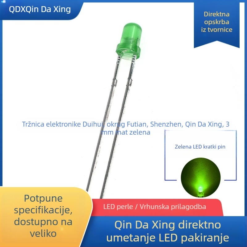 F3 zelena LED zrno, 3 mm, tročip zelena, ravna vodilica, priključak, opća svjetlost