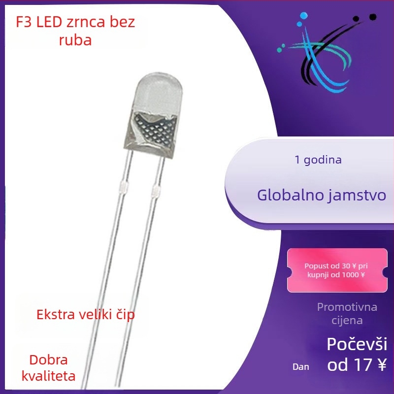 3 mm LED perla bez ruba, model F3, bijela/plava/žuta/zelena, bez kapice LED