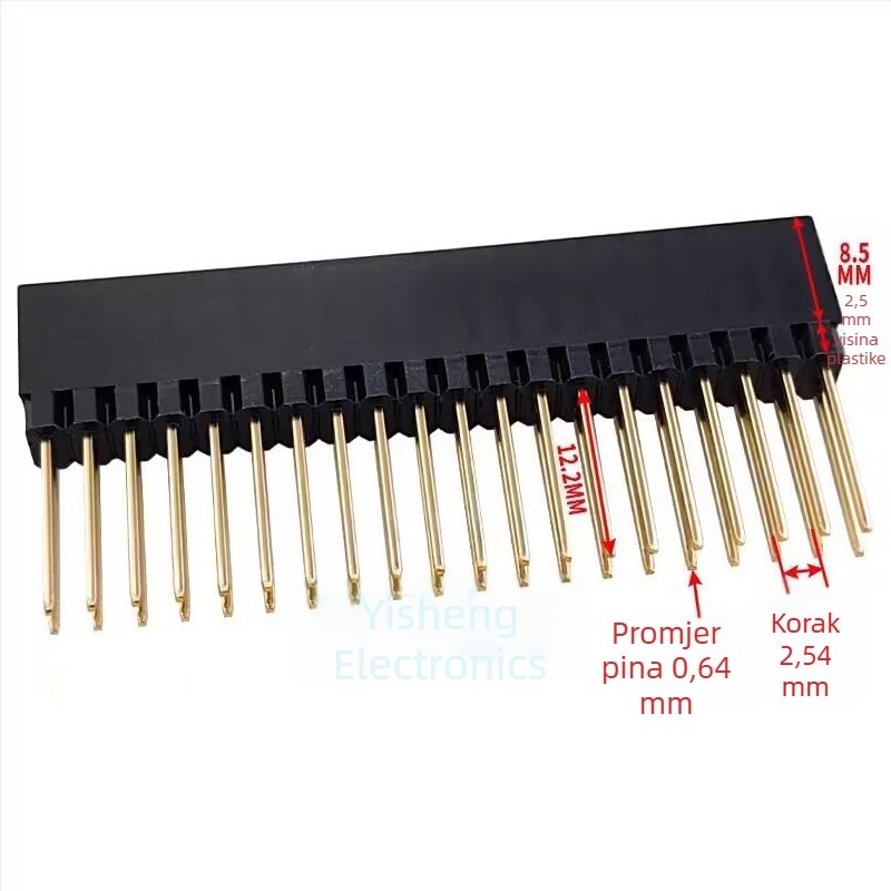 PC104 2x20-pin ženski utikač, dvostruki red, razmak 2,54 mm, produženi pinovi, duljina pina 12,2 mm, visina plastike 8,3 mm