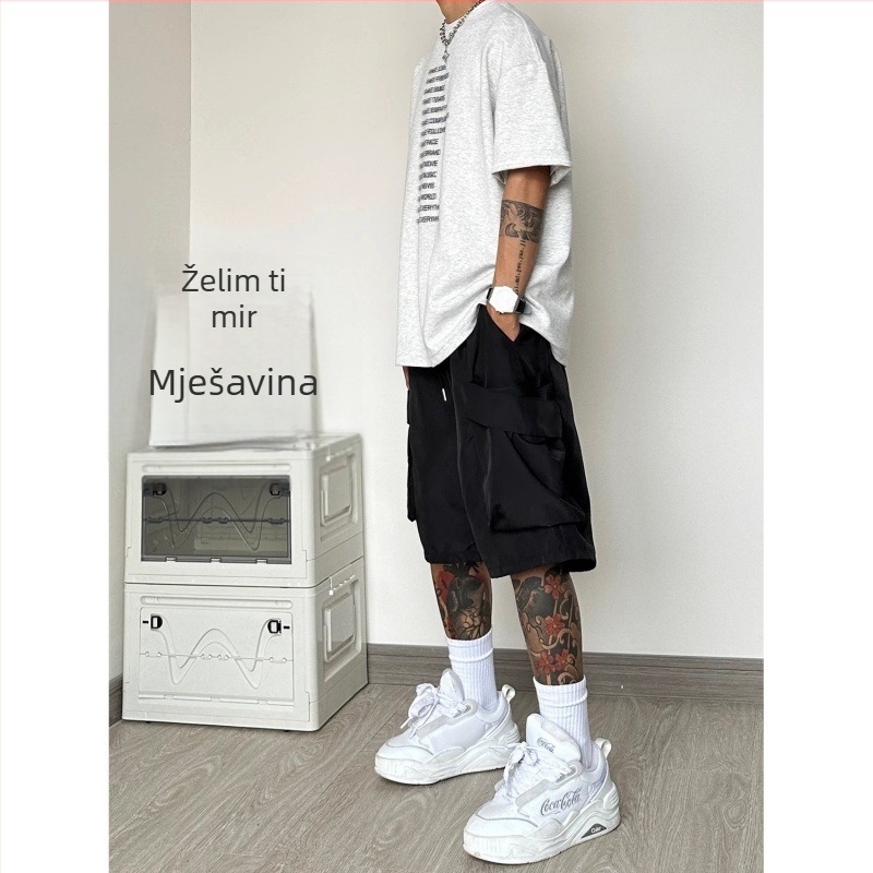 Muške radne šorceve otporne na vjetar i vodu — lagane, srednje dužine, širokog kroja, poliester, plus veličina, američki casual stil.