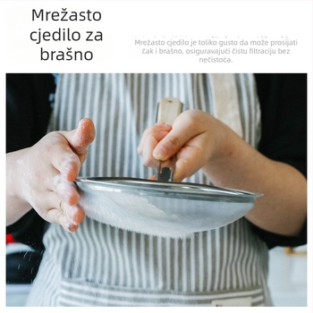 Nerđajući čelik za cijeđenje s drvenom drškom, zaštita od opeklina, fino mrežasto sito za brašno