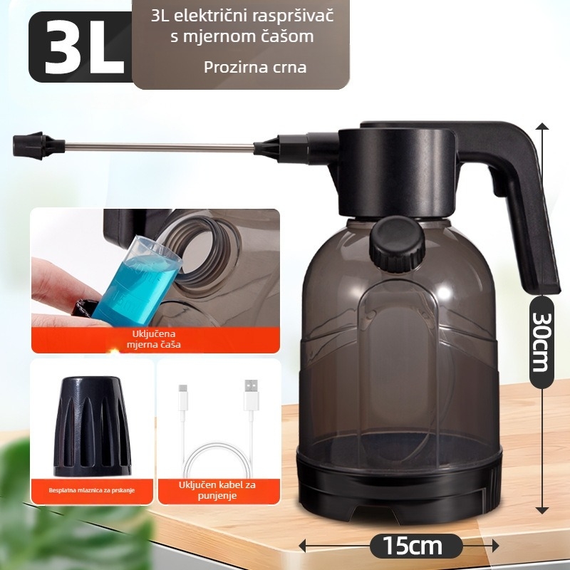 Električna posuda za zalijevanje 3 litre s mjernom posudom, raspršivanje cvijeća, dezinfekcija i čišćenje
