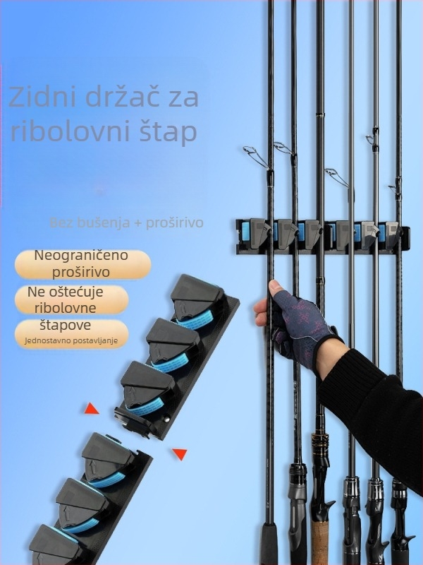Zidni držač za štapove za pecanje, bez bušenja, brzi kopčasti klipse za mamce, sigurno skladištenje štapova
