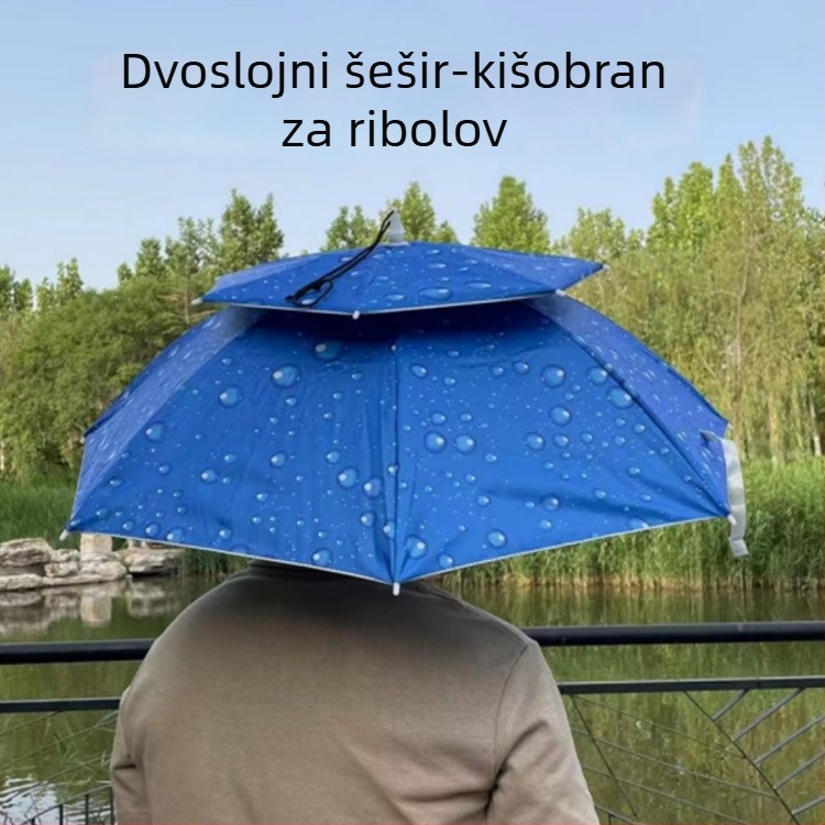 Šešir-kišobran za pecanje s ugrađenim sklopivim kišobranom na glavi, zaštita od sunca i kiše, dvostruki sloj