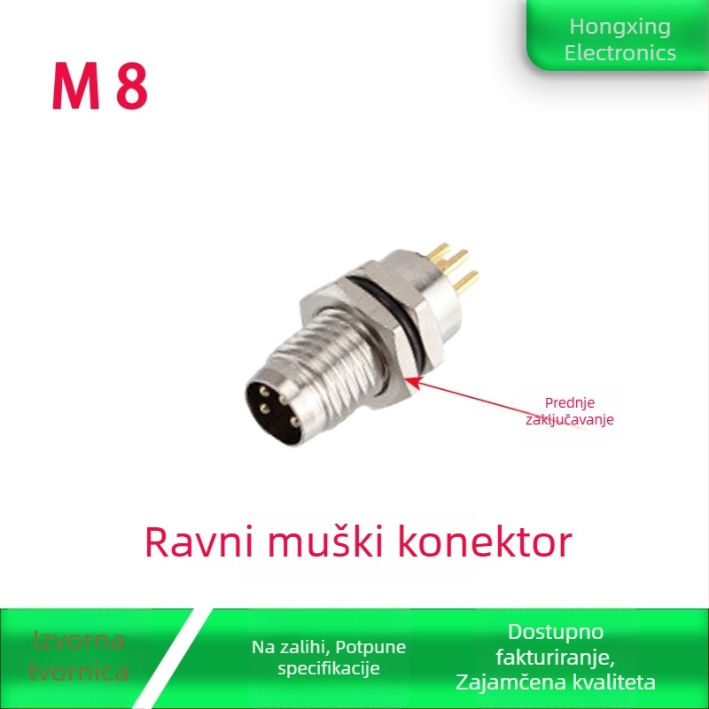 M8 avionski konektor — muški i ženski, 4 pina, prednja ugradnja na PCB, zlatno-platirani ravni pinovi, zaliven ljepilom, vodootporan, 8 mm