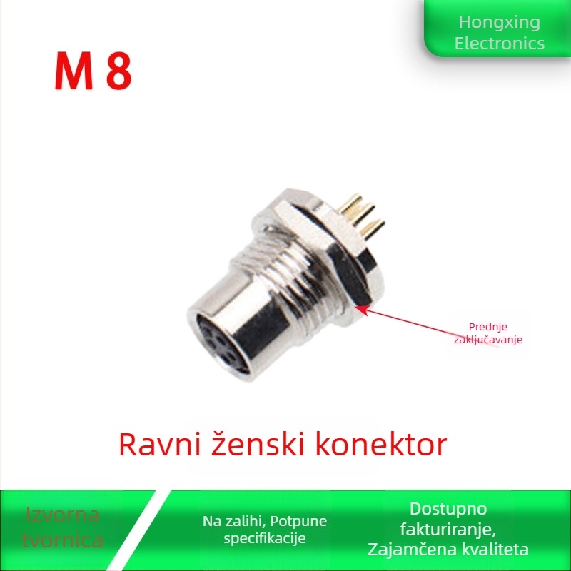 M8 avionski konektor — muški i ženski, 4 pina, prednja ugradnja na PCB, zlatno-platirani ravni pinovi, zaliven ljepilom, vodootporan, 8 mm