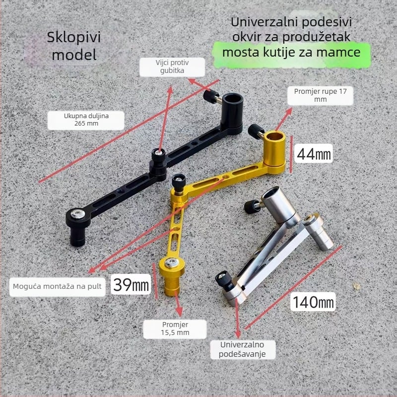 Set aluminijske legure za ribolov: posuda za mamce, produžetak štapa, kutija za ribolov, prošireni nosač za stol, sklopni produžni dio i aluminijski stalak za rasvjetu s produžetkom.