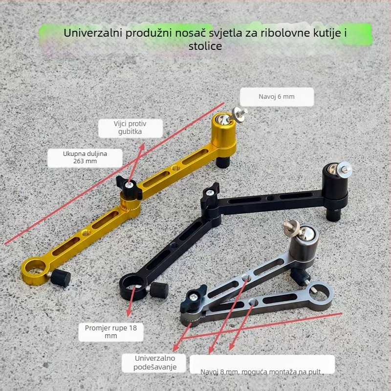 Set aluminijske legure za ribolov: posuda za mamce, produžetak štapa, kutija za ribolov, prošireni nosač za stol, sklopni produžni dio i aluminijski stalak za rasvjetu s produžetkom.