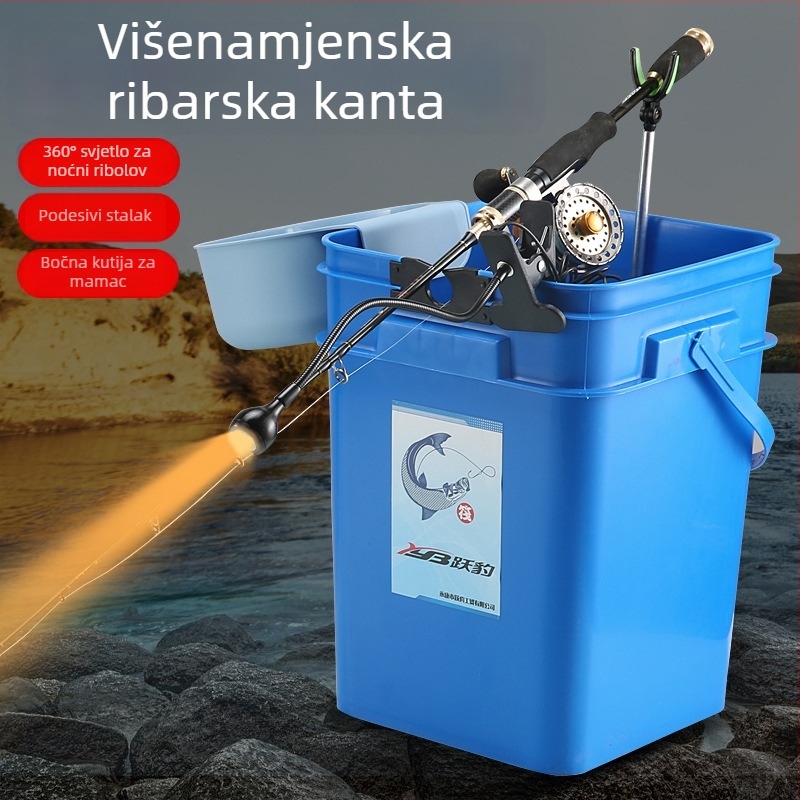 Debeli raftni kanta za ribolov sa nosačem za štap, prijenosna višefunkcionalna kanta za žive ribe sa svjetlom