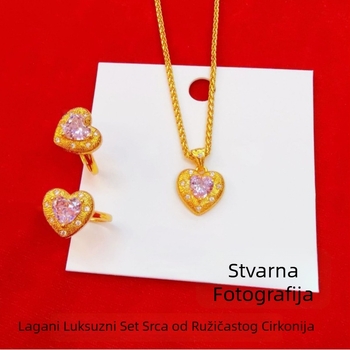 Zlatno-bruseni srcoliki set: ogrlica i prsten s ružičastim cirkonijem — elegantan, pristupačan luksuz, svestran nakit za dar za rođendan djevojke