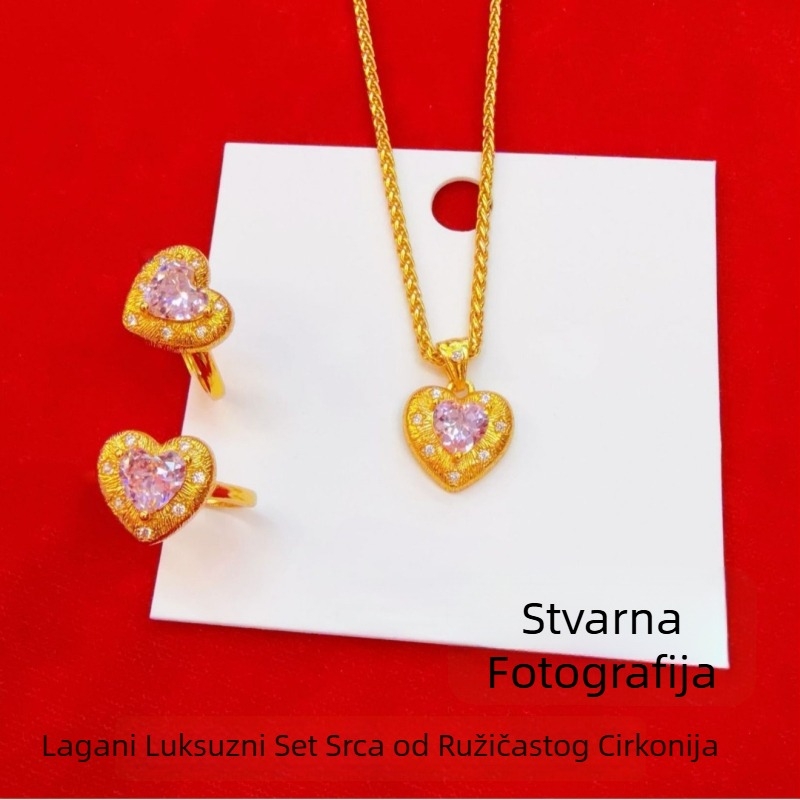 Zlatno-bruseni srcoliki set: ogrlica i prsten s ružičastim cirkonijem — elegantan, pristupačan luksuz, svestran nakit za dar za rođendan djevojke