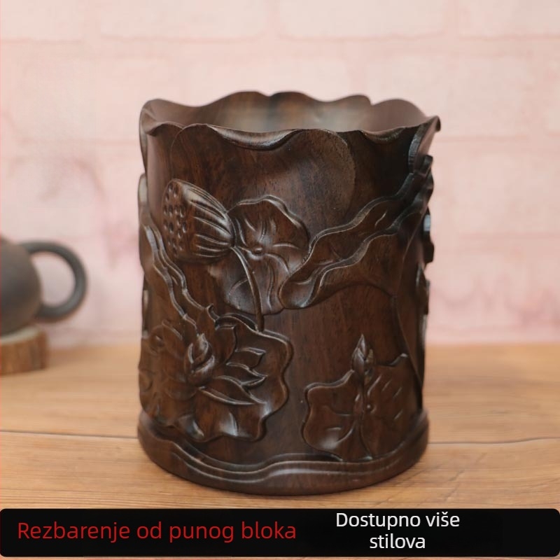 Drveni držač za olovke u uredu sa rezbarenim ukrasom, od masivnog drveta, graviranje moguće