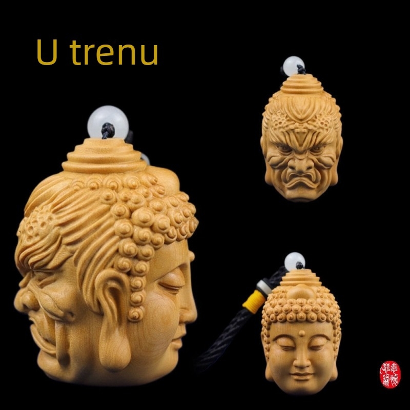 Privjesak od drveta tuje s ručno izrezbarenom Buddha glavom i demon motivom