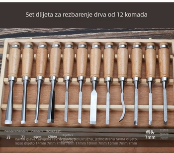 12-dijelni set alata za drvorezbarstvo — alati za rezbarenje drva za namještaj i korijensku rezbarenje, u drvenoj kutiji