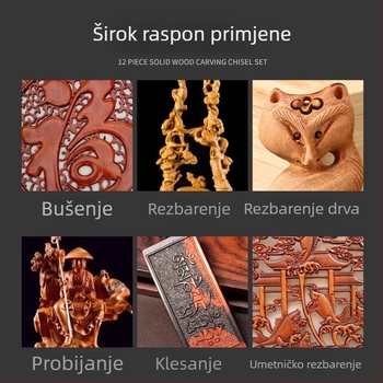 12-dijelni set alata za drvorezbarstvo — alati za rezbarenje drva za namještaj i korijensku rezbarenje, u drvenoj kutiji