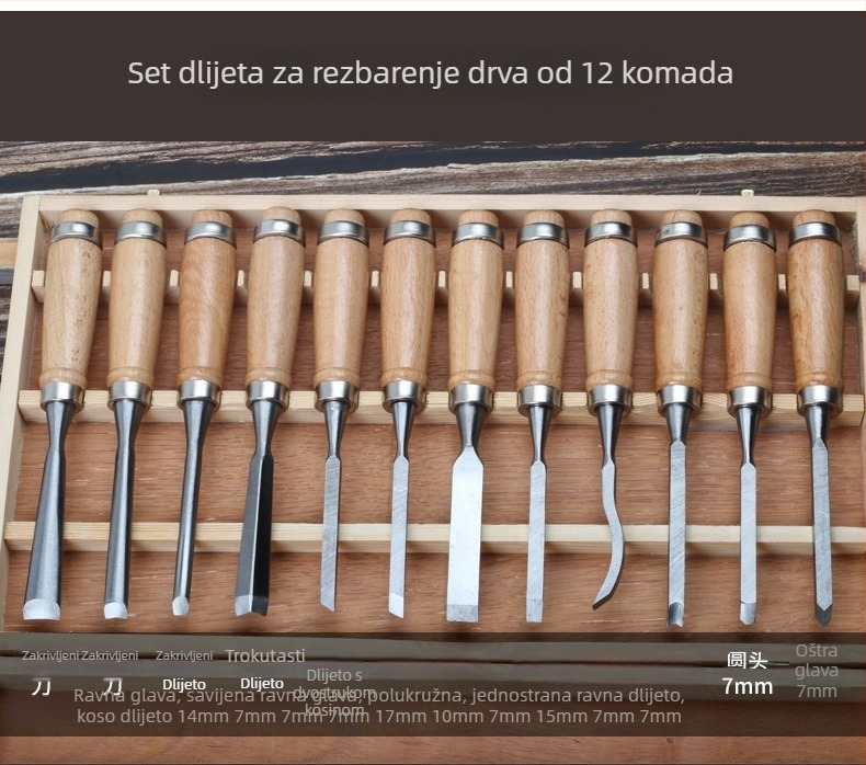 12-dijelni set alata za drvorezbarstvo — alati za rezbarenje drva za namještaj i korijensku rezbarenje, u drvenoj kutiji