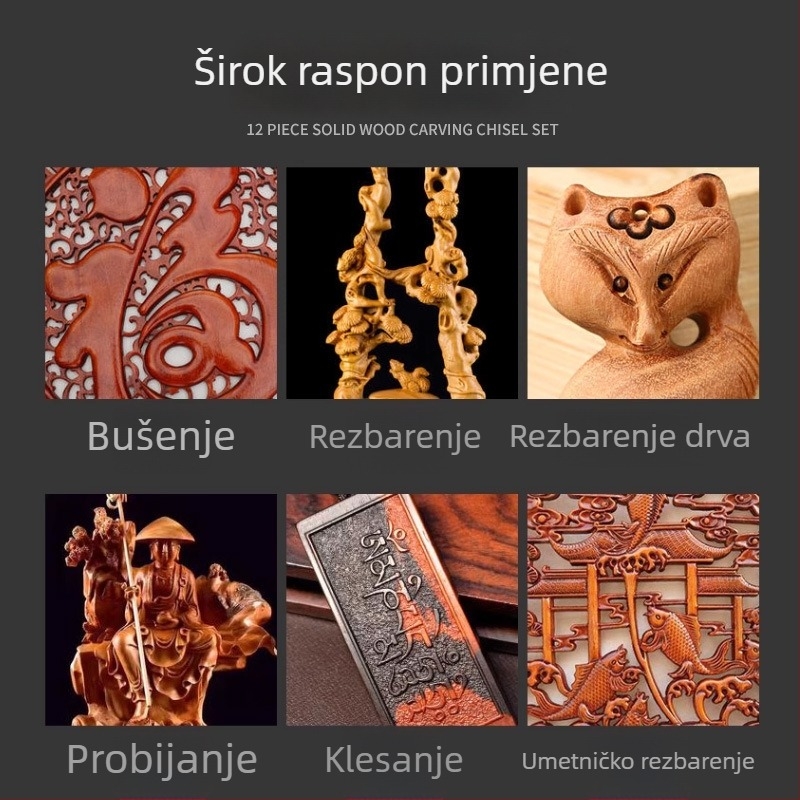 12-dijelni set alata za drvorezbarstvo — alati za rezbarenje drva za namještaj i korijensku rezbarenje, u drvenoj kutiji