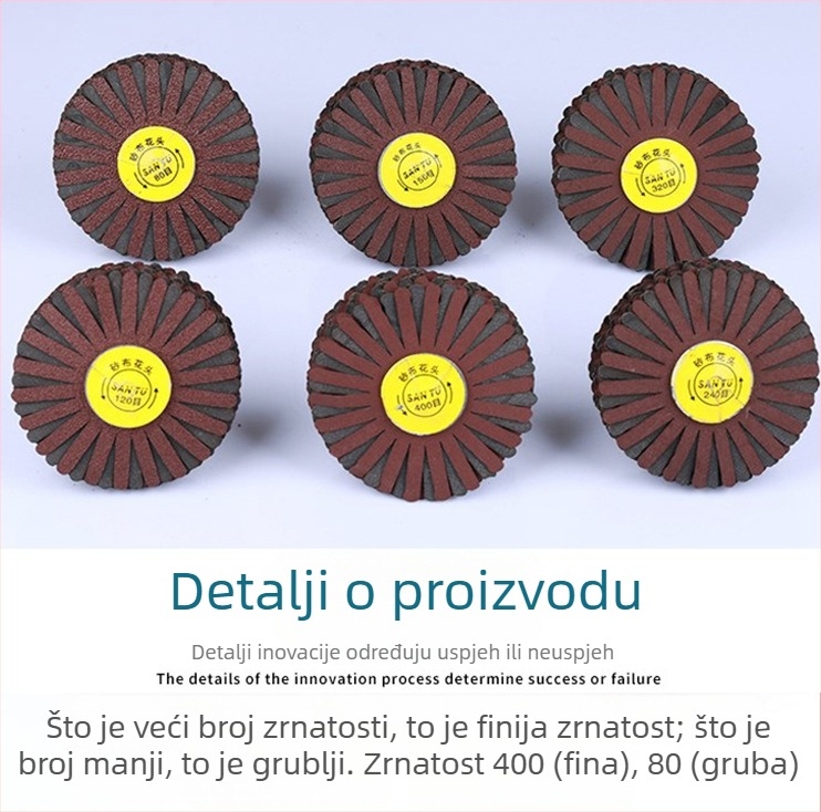 Drvoobradni polirni kotač s emery tkaninom, cilindrična glava za brušenje; pogodna za ravne i zakrivljene površine; uključuje čelične i bakrene žičane četke