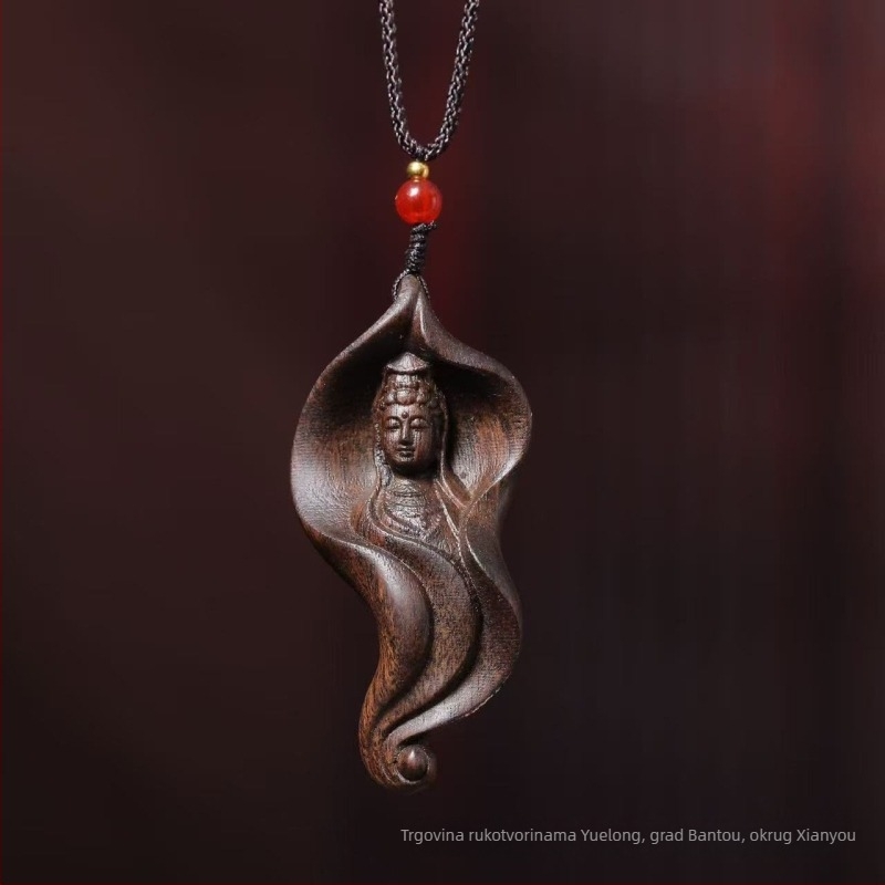 Drveni privjesak Guanyin Bodhisattva s listom lotosa, unisex ogrlica