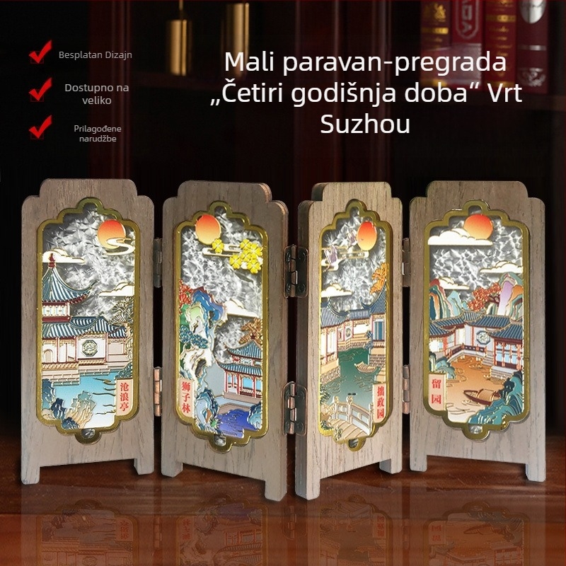 Drveni stolni sklopivi ukras s motivom Suzhou vrtova kroz četiri godišnja doba, kreativni suvenir s magnetskim dodatkom