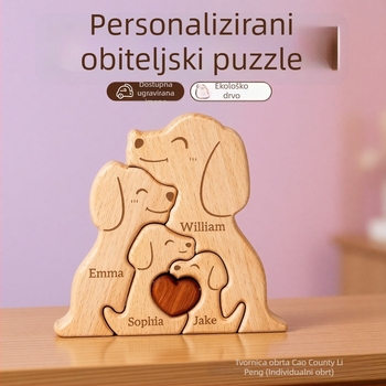 Drveni set ukrasa za dom: obitelj pasa – puzzle ukrasi i ručno rezbareni ukrasi
