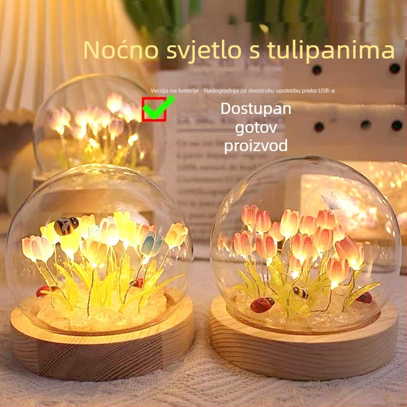 Ručno izrađena noćna lampica u obliku tulipana – DIY staklena dekoracija, atmosfersko svjetlo, dar za Božić i rođendan