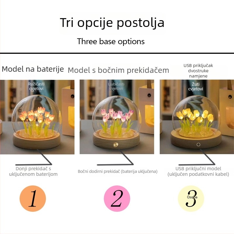 Ručno izrađena noćna lampica u obliku tulipana – DIY staklena dekoracija, atmosfersko svjetlo, dar za Božić i rođendan