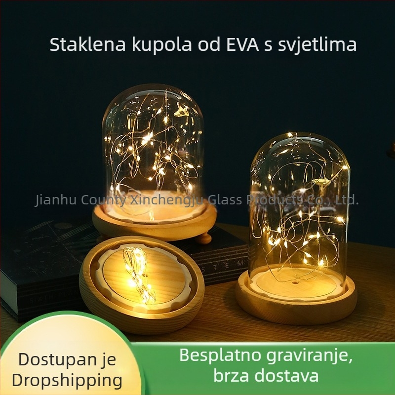 Cilindrična EVA lampica s staklenom kupolom na prirodnoj drvenoj osnovi – mikro pejzaž dekoracija, staklena zaštita od prašine
