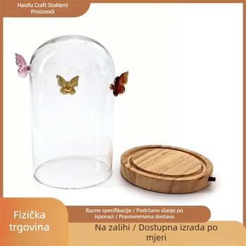 Staklena vitrina s leptirima i očuvanim osušenim cvjetovima, ručno izrađeni stakleni ukras