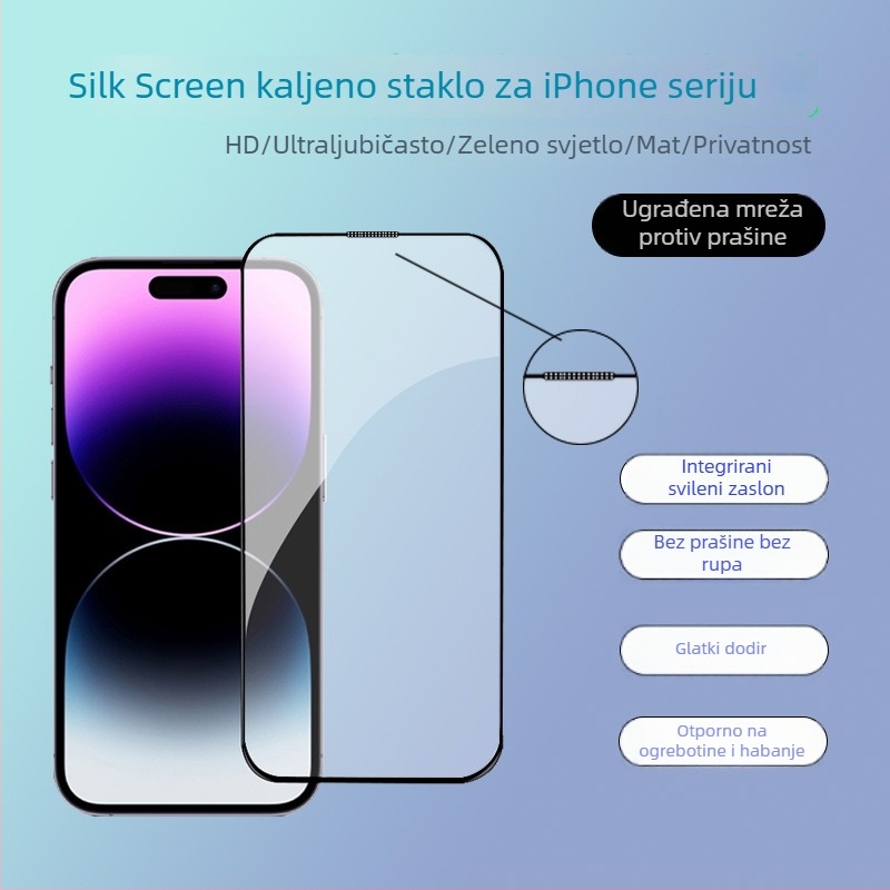HD kaljeno staklo za zaštitu cijelog zaslona s integriranom prašnom mrežicom, silkscreen otisak, za iPhone 11–14 seriju