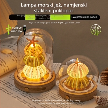 Noćna lampica u obliku morskog ježa s očuvanim cvjetovima, staklena kapica i baza, svjetleći LED niz, figurica za izložbu u prozirnoj kutiji prašine