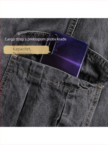 Hlače hongkonškog retro stila ravnog kroja, plus veličina, jednobojne, muške casual hlače s šnalom i višestrukim džepovima, oversize
