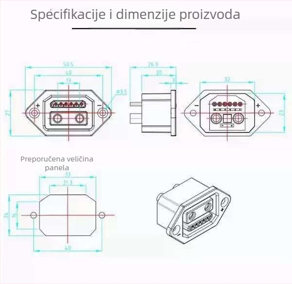 2+6-pinski muški konektor za kabel za spremanje energije, kabel za punjenje, napajanje