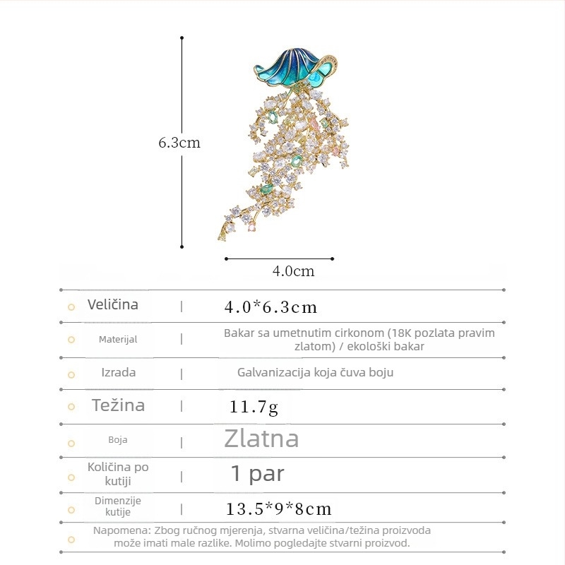 Bros s meduzom i cirkonima, morski motiv, unisex, lagani luksuzni stil za odjeću