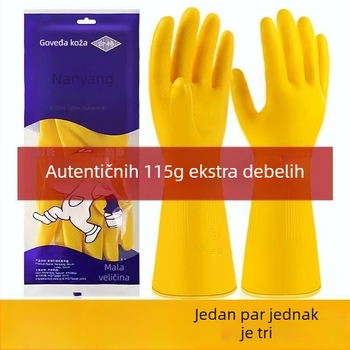 Debljane latex rukavice za kućanstvo, vodootporne za kuhinju i pranje posuđa, otporne na habanje i izdržljive; materijal: guma od goveđeg tetiva.