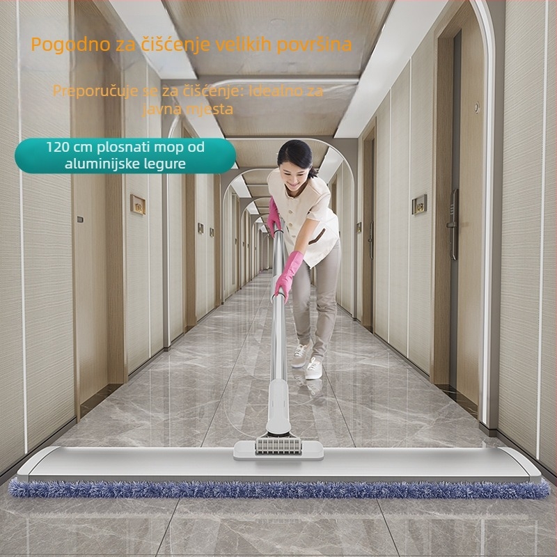 Veliki plosnati mop od aluminijske legure, teleskopskom drškom, mikrovlakna glava, pogodan za trgovačka središta, hotele i tvornice.