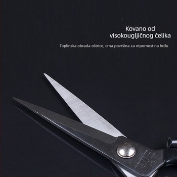 Škare od visokougljičnog čelika s crnim plastičnim držašem i oštrim vrhom; višenamjenske škare za kuhinju, hobije, rezanje kože i šivanje.