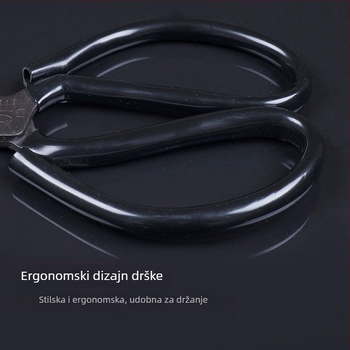 Škare od visokougljičnog čelika s crnim plastičnim držašem i oštrim vrhom; višenamjenske škare za kuhinju, hobije, rezanje kože i šivanje.